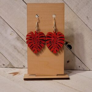 Handmade Red Monstera Leaf Dangle Earrings – Tropical Lightweight Jewelry